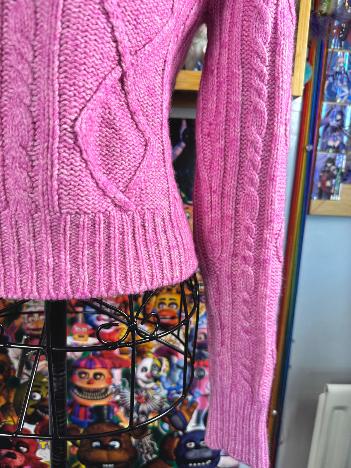 y2k vintage pink fitted cropped chunky cosy zip up jumper with bobbles