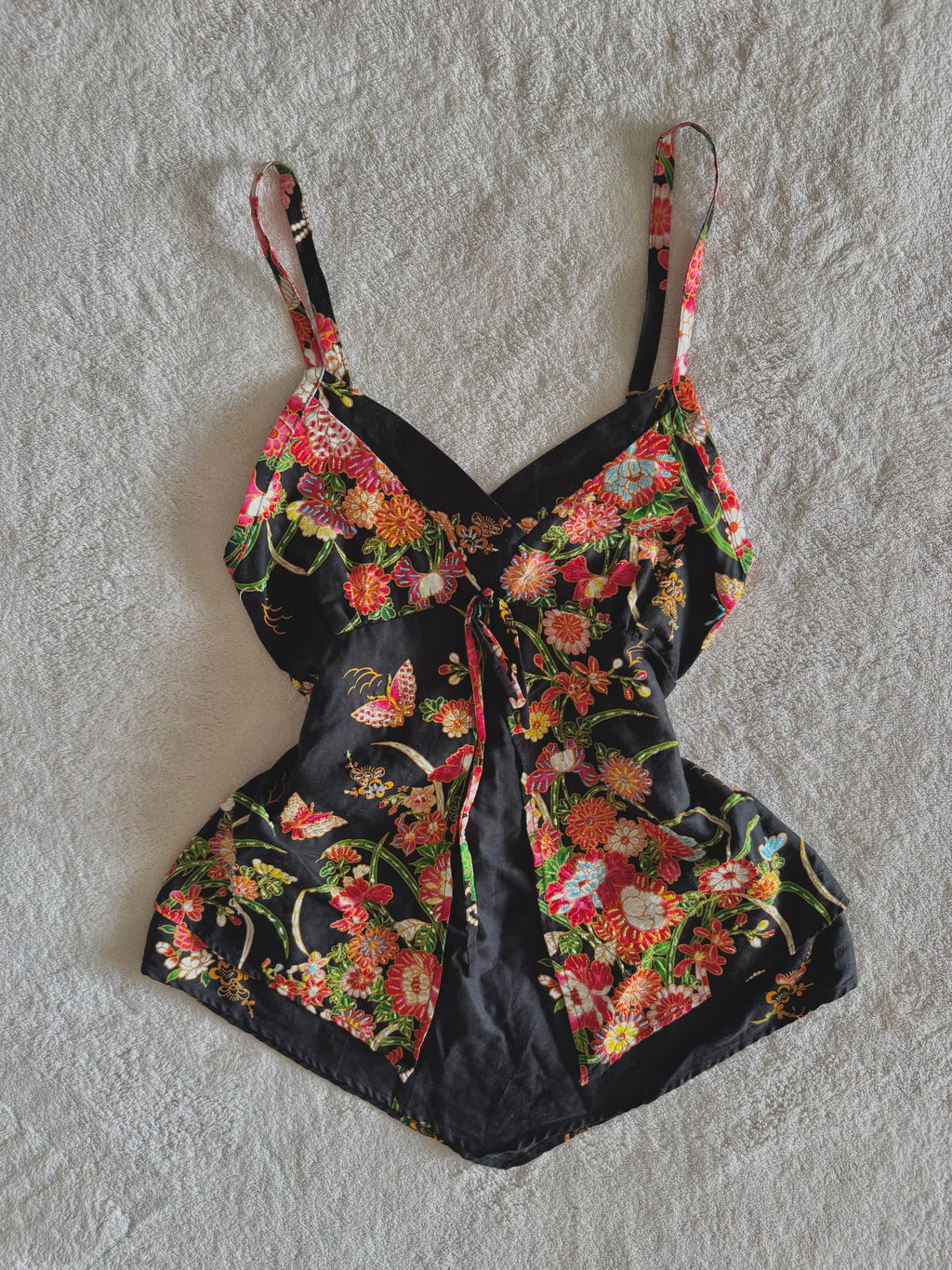 y2k vintage black and multi floral beaded fitted cami top