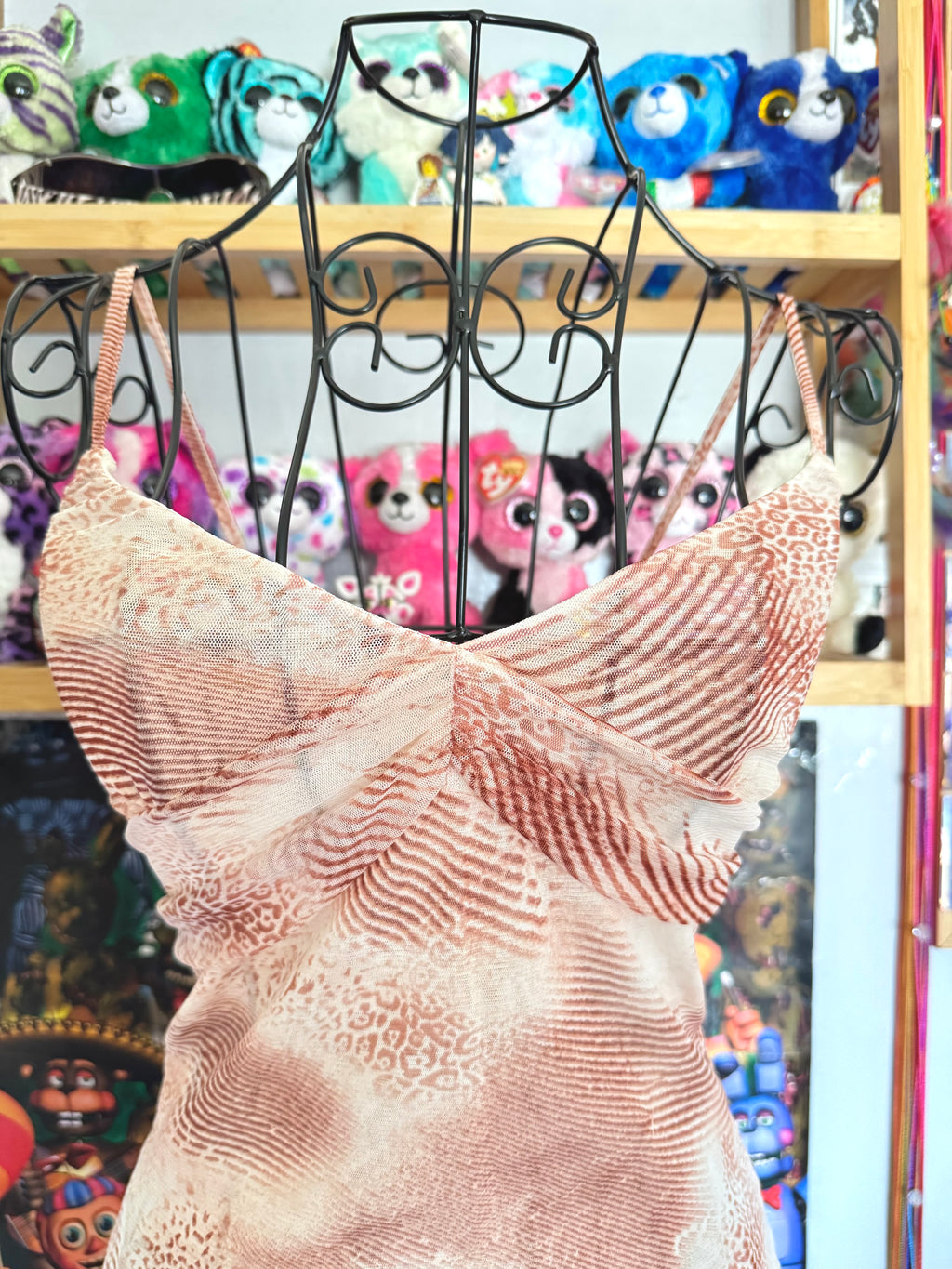 y2k vintage sheer mesh leopard print pink and tan cropped fitted cami top summer festival