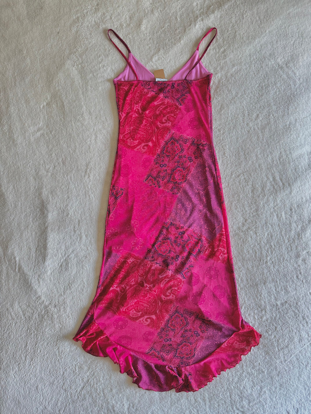 y2k vintage pink paisley print patchwork style midaxi length mesh dress