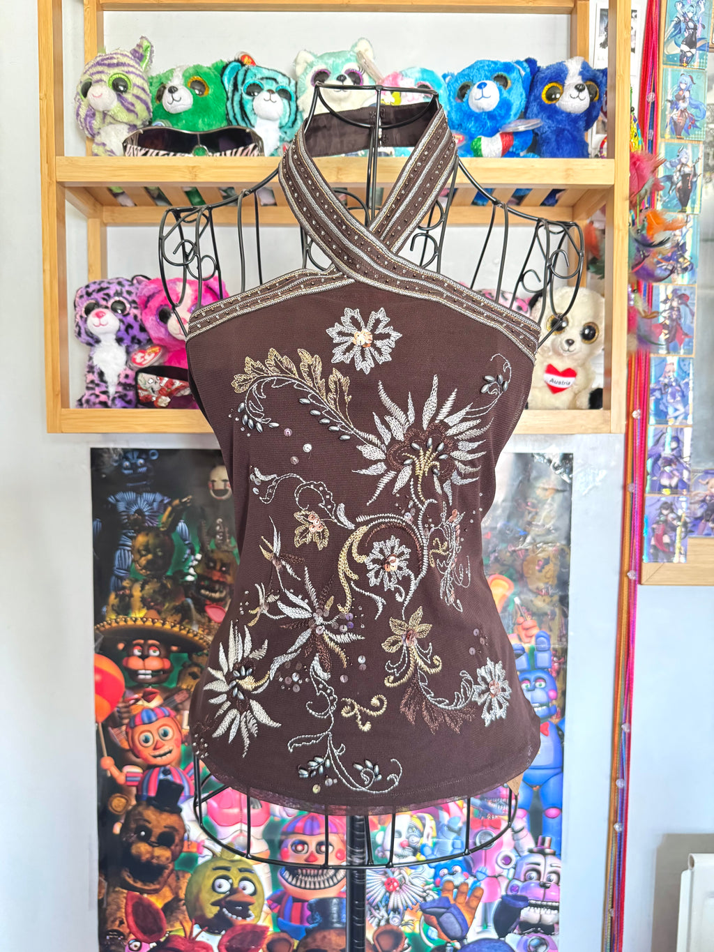y2k vintage chocolate brown floral embroidered sequin halterneck fitted top fairycore
