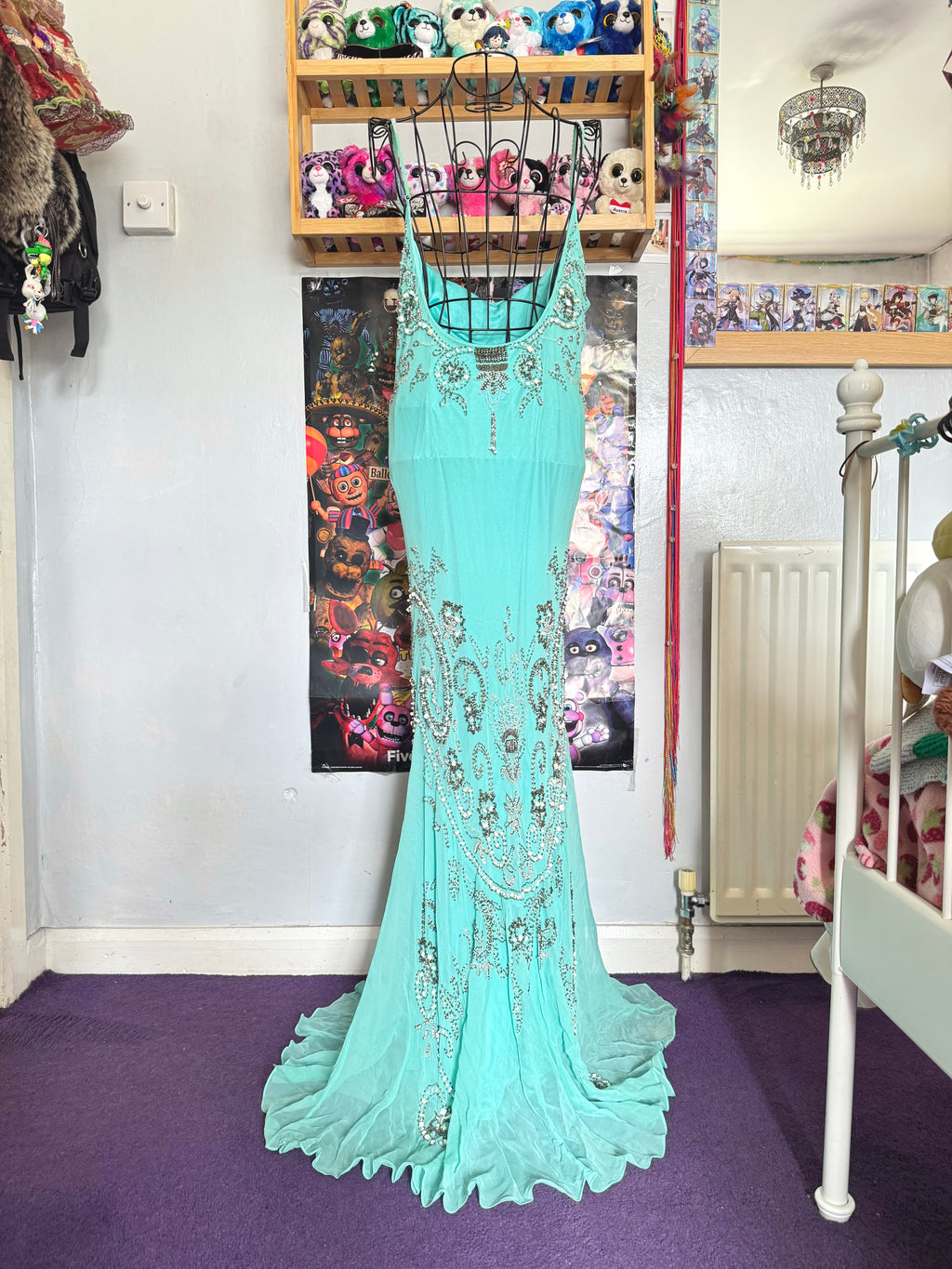 vintage 90’s turquoise blue silk heavily beaded handmade fishtail maxi dress mermaid core