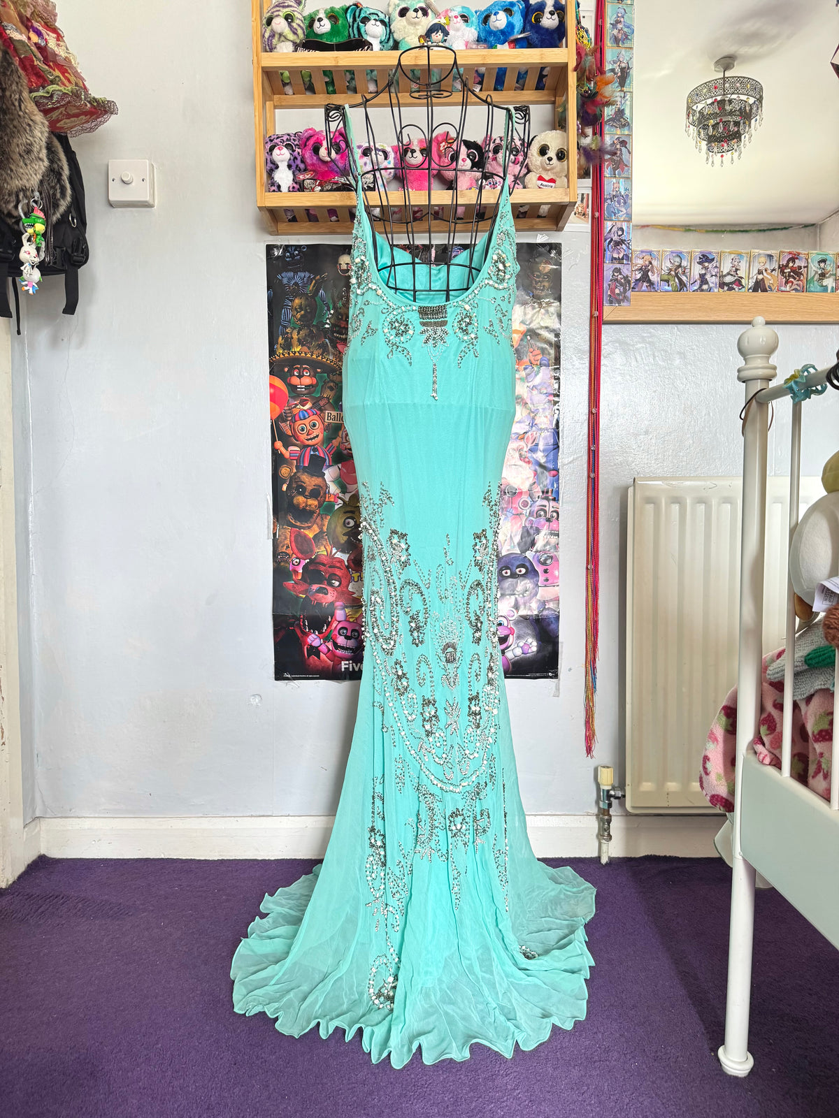vintage 90’s turquoise blue silk heavily beaded handmade fishtail maxi dress mermaid core