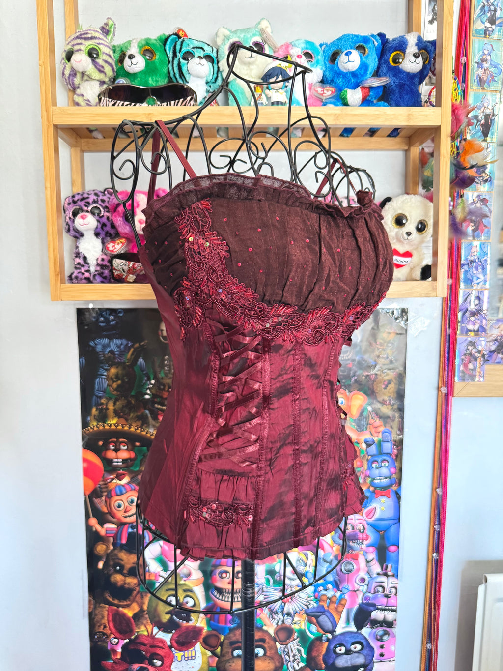y2k vintage crimson red lace up look sequin embellished boned and fitted corset top