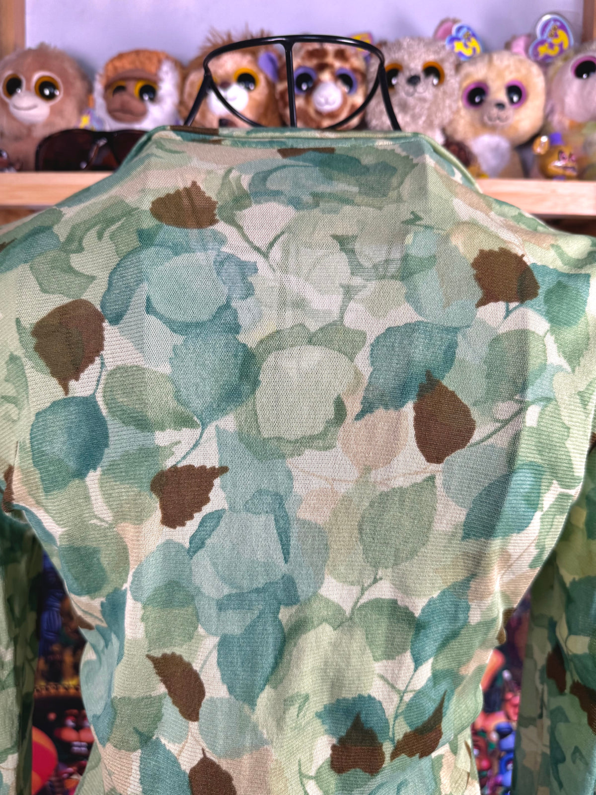 y2k vintage sheer mesh button up top with leaf print
