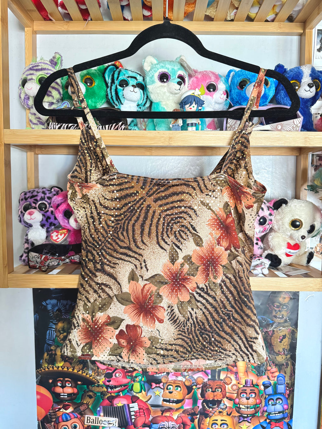 y2k vintage cowl neck fitted earthy vest top with mixed floral and animal print