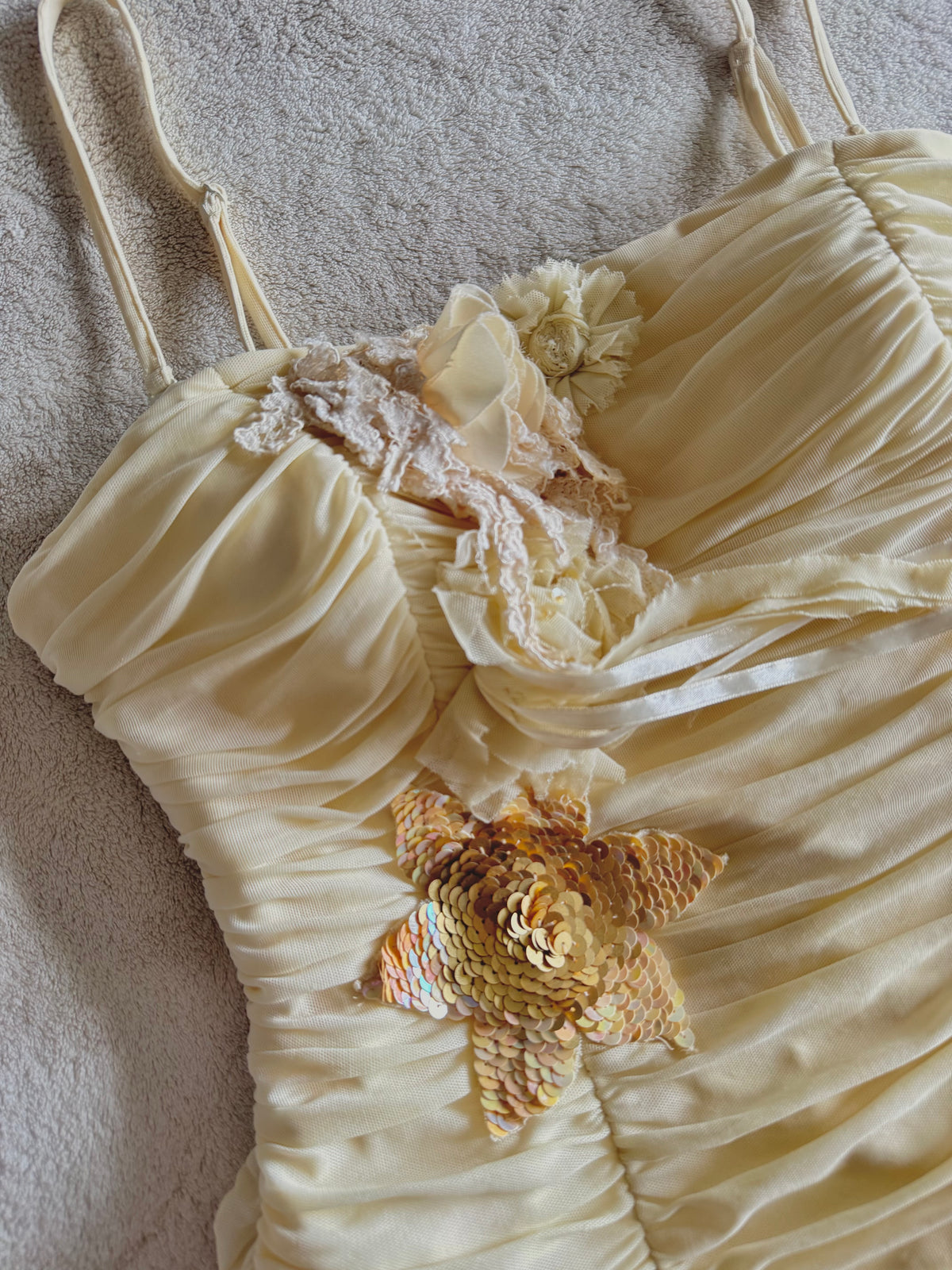 y2k vintage cream ruched boned and fitted corset top with sequins embellished
