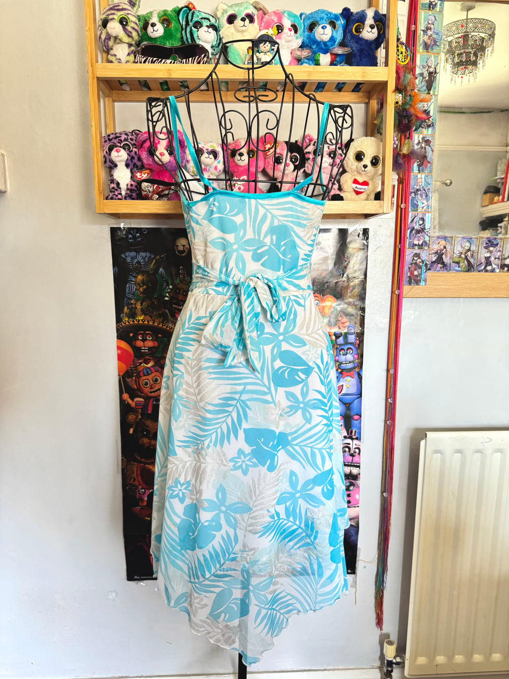 y2k vintage tie back turquoise blue mesh asymmetrical lettuce hem mini dress