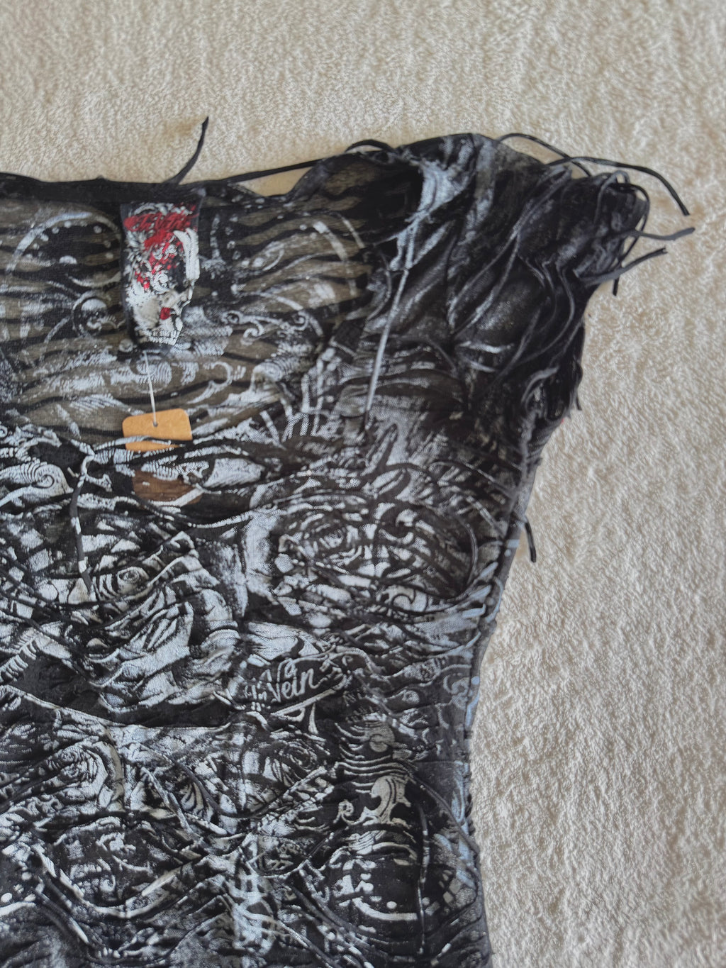 y2k vintage insane slashed graphic rose print sheer fitted tee grunge