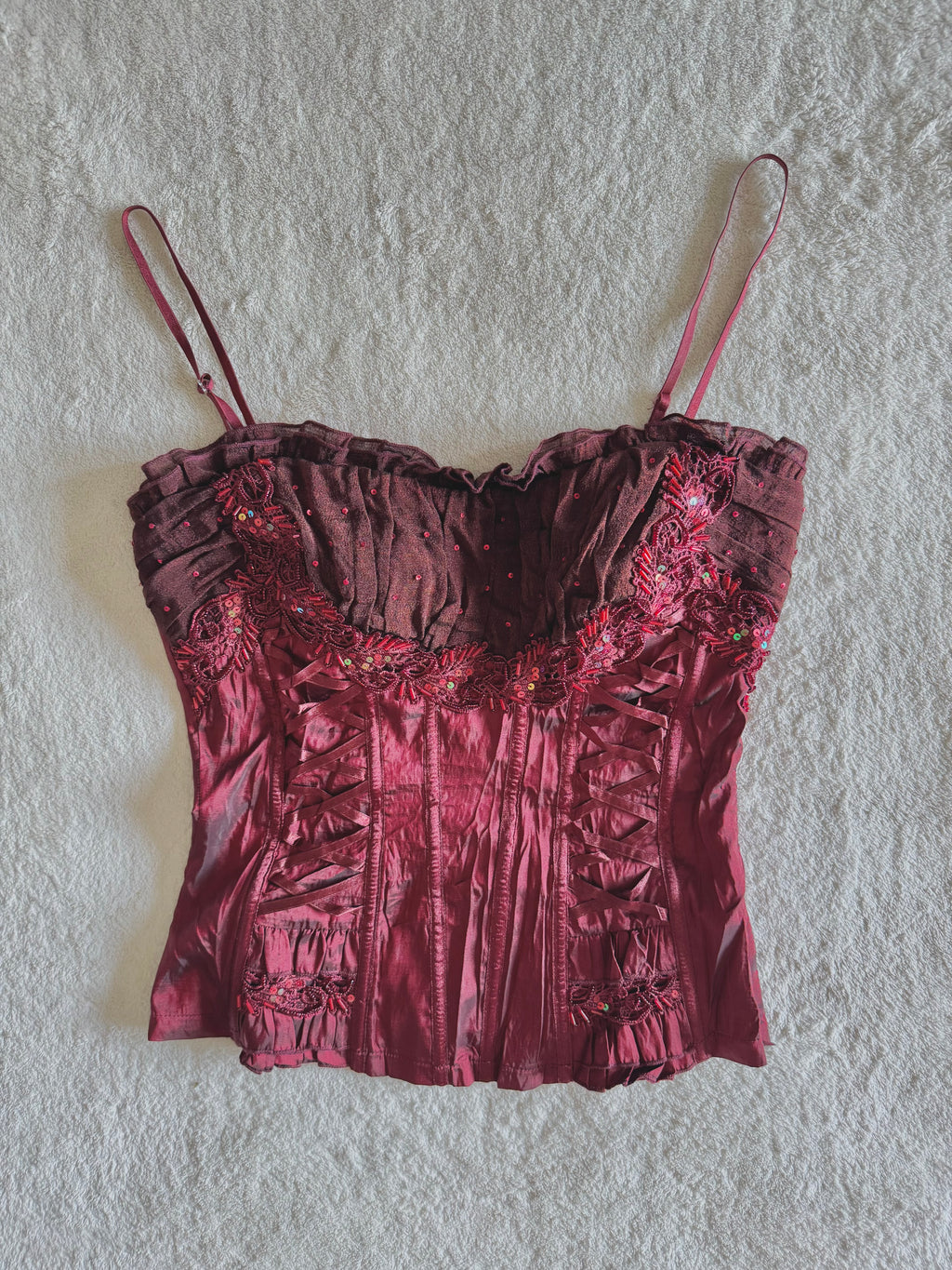 y2k vintage crimson red lace up look sequin embellished boned and fitted corset top