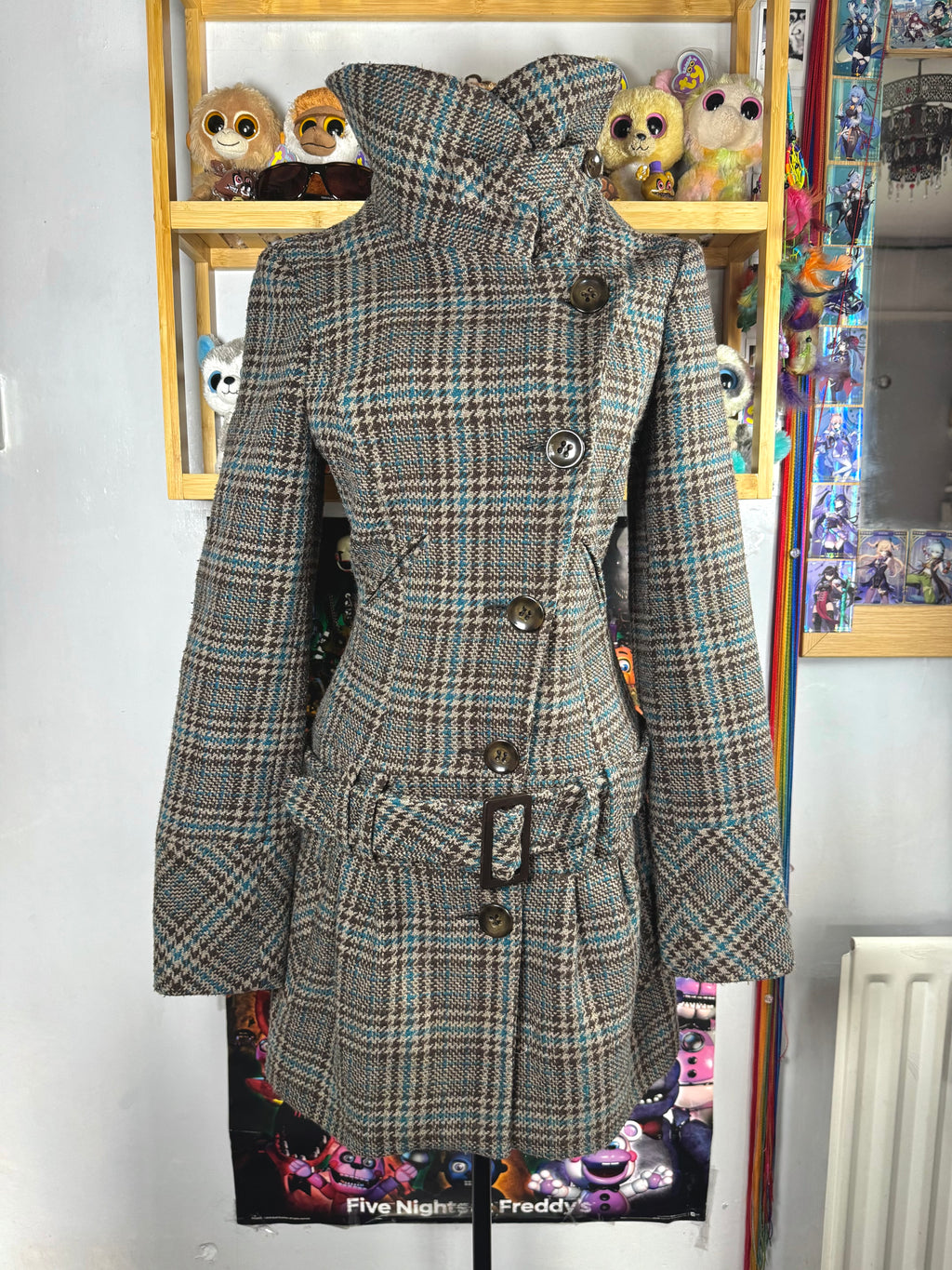 y2k vintage funnel neck plaid button up peacoat with detachable adjustable belt
