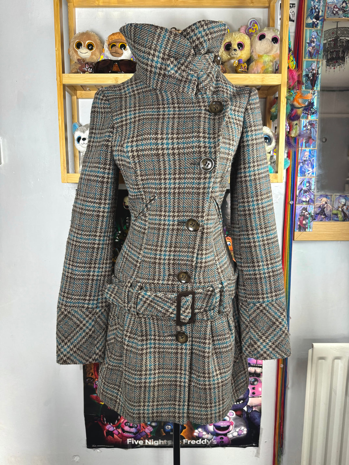 y2k vintage funnel neck plaid button up peacoat with detachable adjustable belt