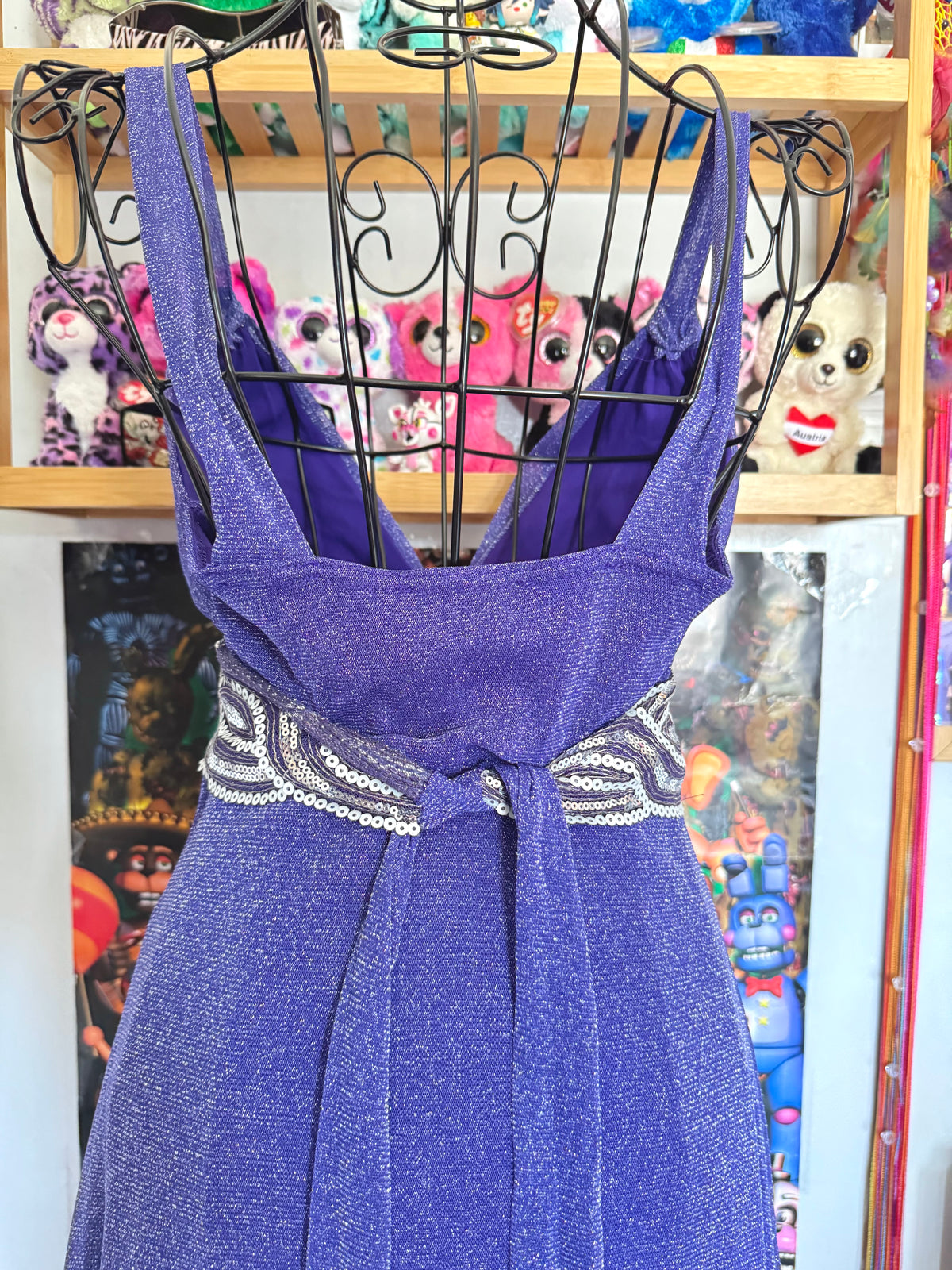 y2k vintage purple shimmery tie back sequin mesh mini dress