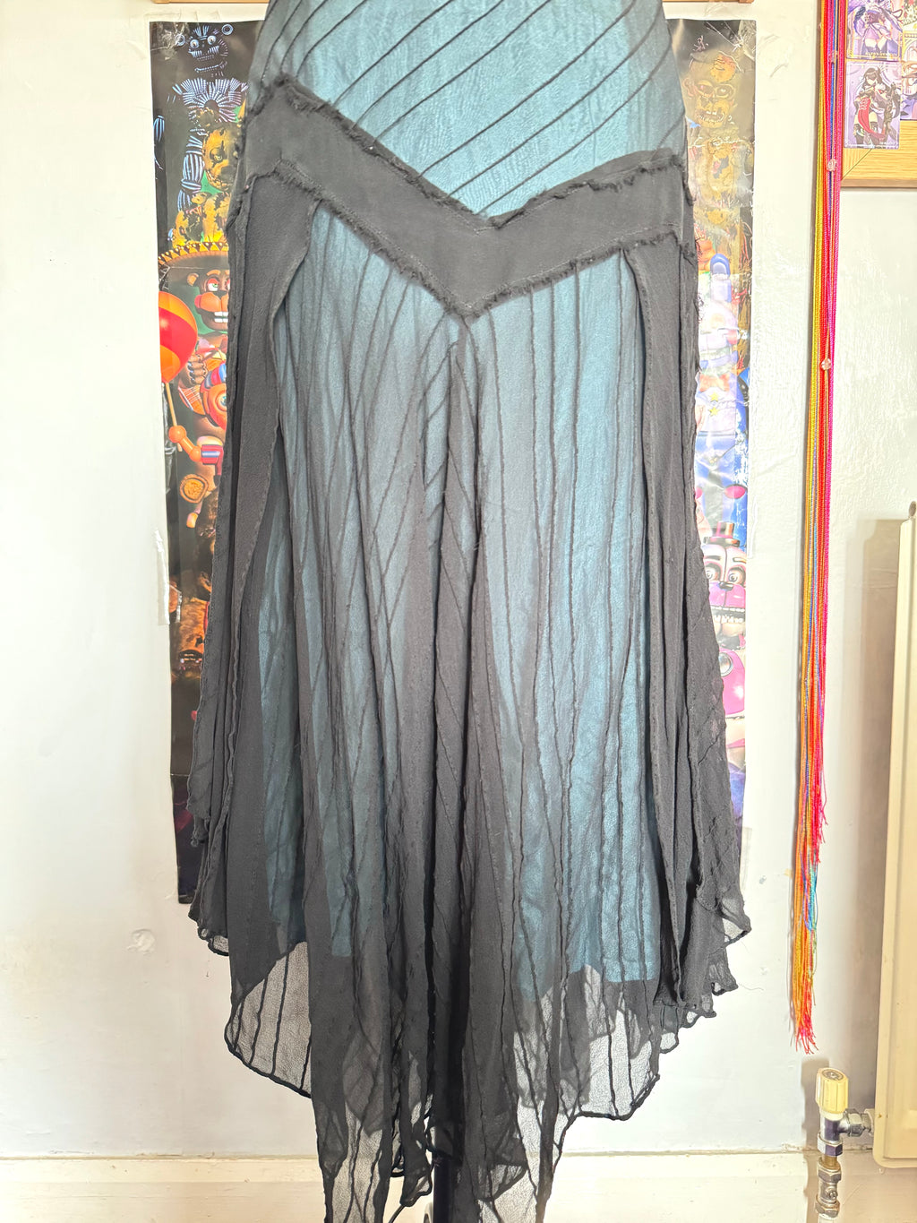 y2k vintage silk hanky fairy hem black maxi dress with blue underlay