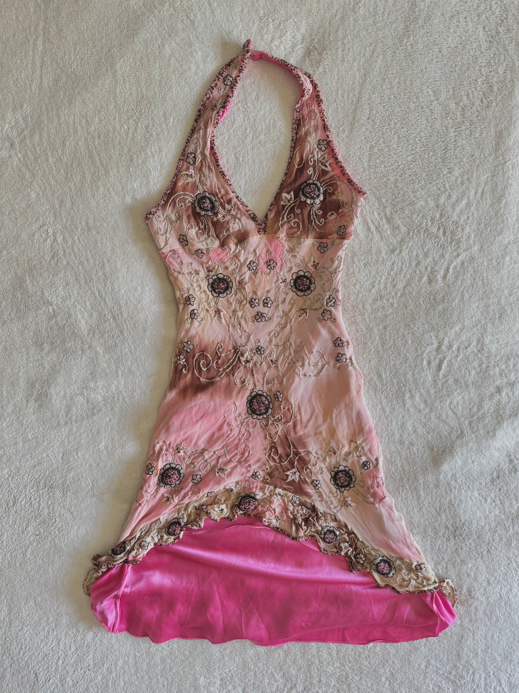 90’s vintage silk pink and brown beaded floral pattern halterneck mini dress fairycore