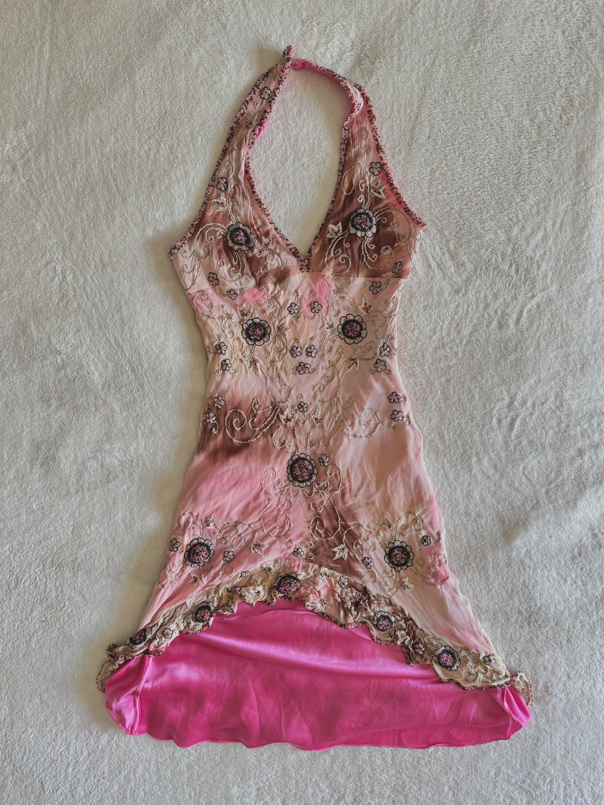 90’s vintage silk pink and brown beaded floral pattern halterneck mini dress fairycore