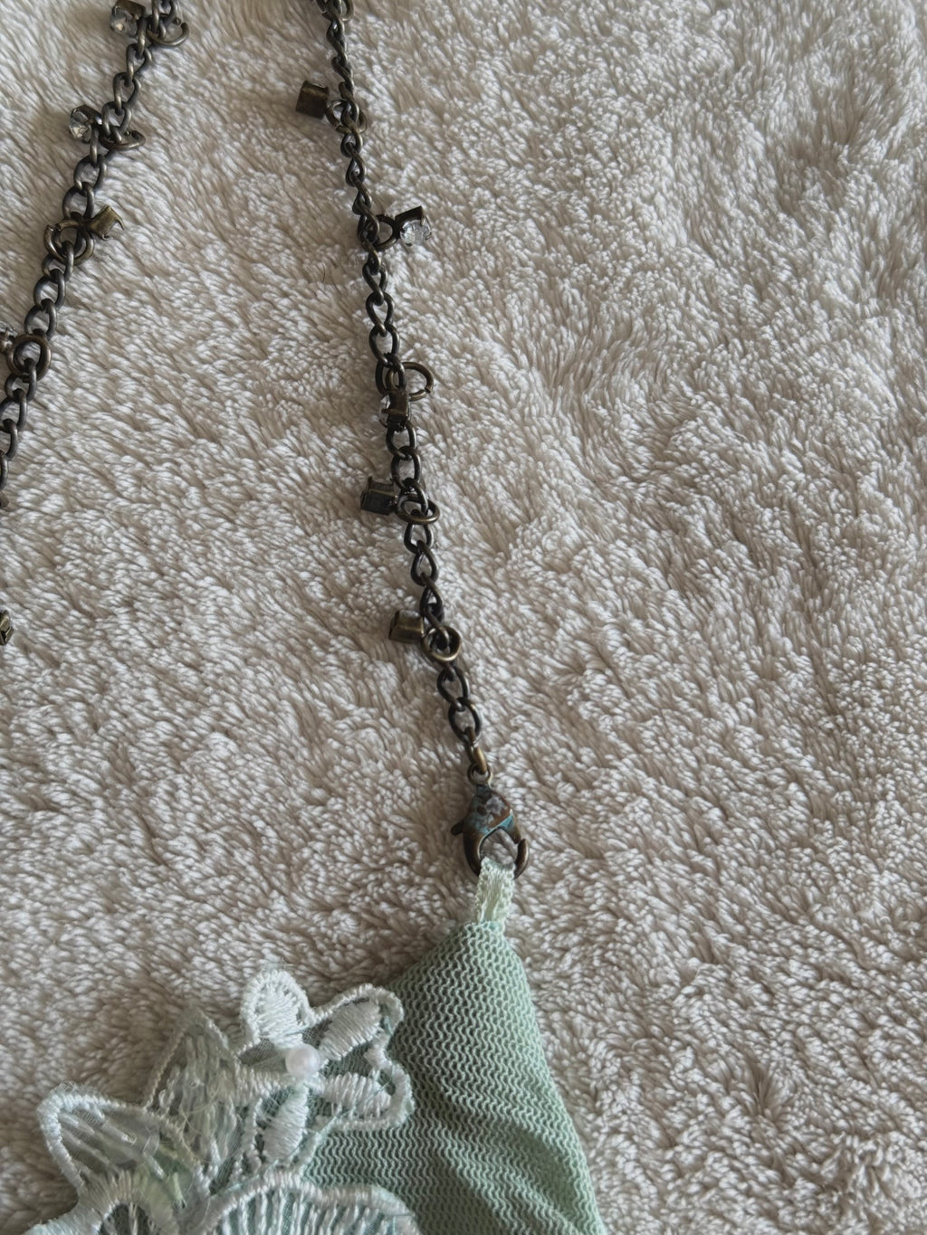y2k vintage pale sage green mesh fitted cami top with lace trim and beaded chain straps