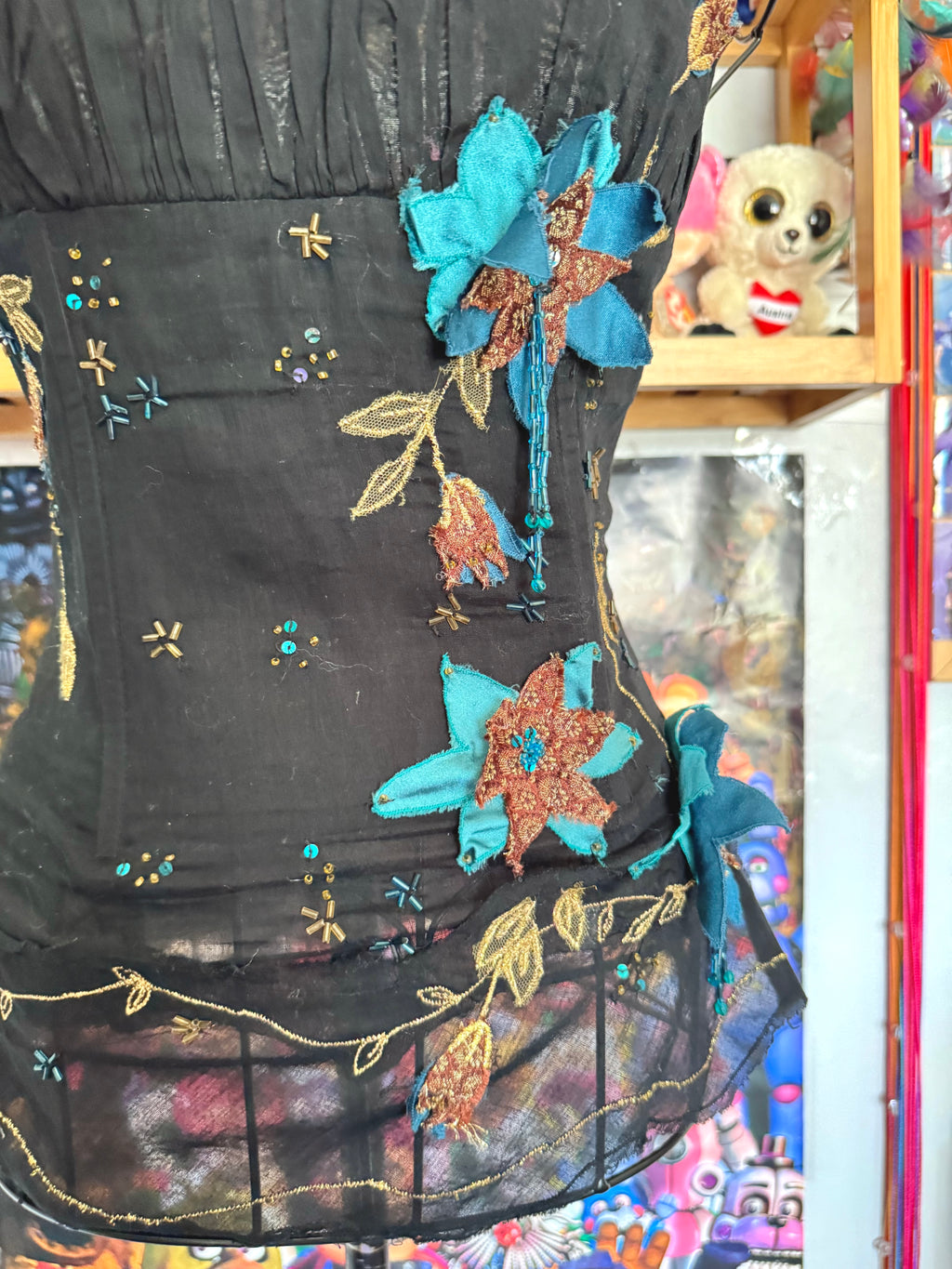 y2k vintage boned and fitted black cami top with floral embroidery