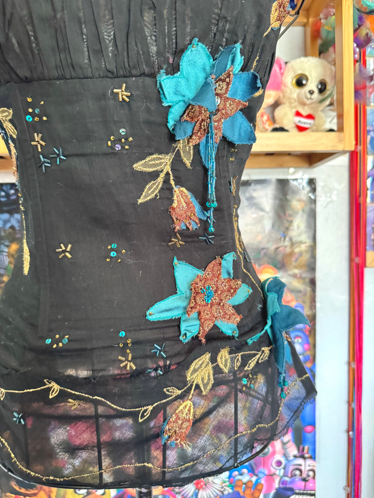 y2k vintage boned and fitted black cami top with floral embroidery