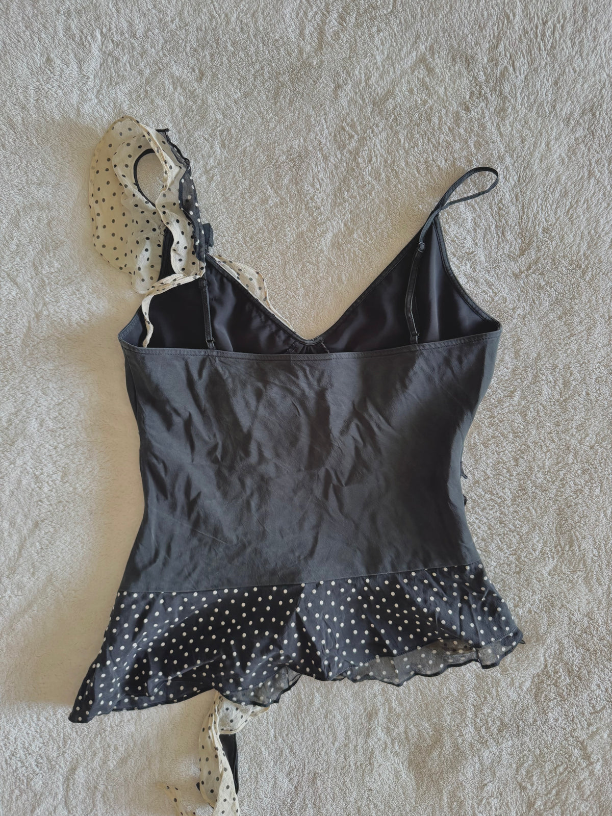 y2k vintage black and cream silk polkadot fitted asymmetrical cami top