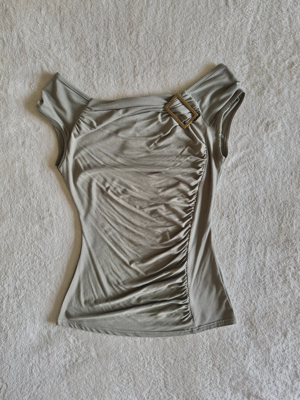 y2k vintage khaki green ruched fitted off shoulder fitted top with golden buckle detail