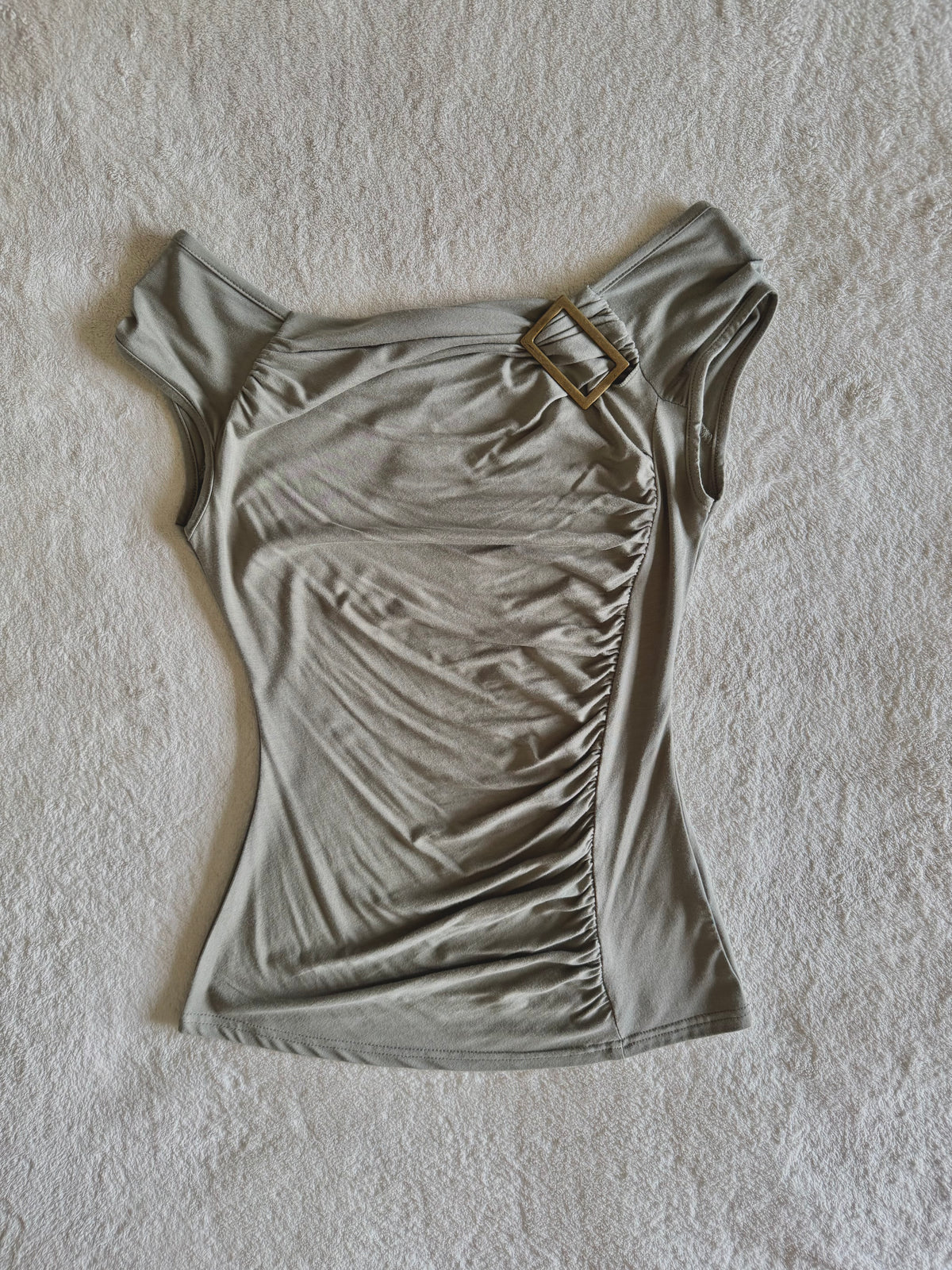 y2k vintage khaki green ruched fitted off shoulder fitted top with golden buckle detail