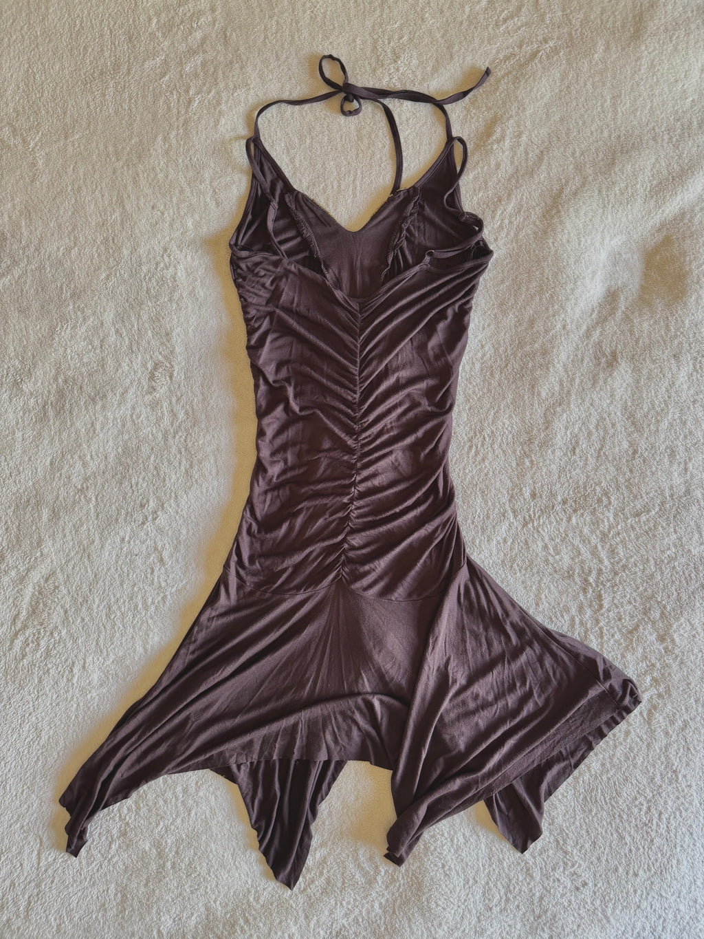 y2k vintage chocolate brown ruched asymmetrical hem midi halterneck dress with golden sequins