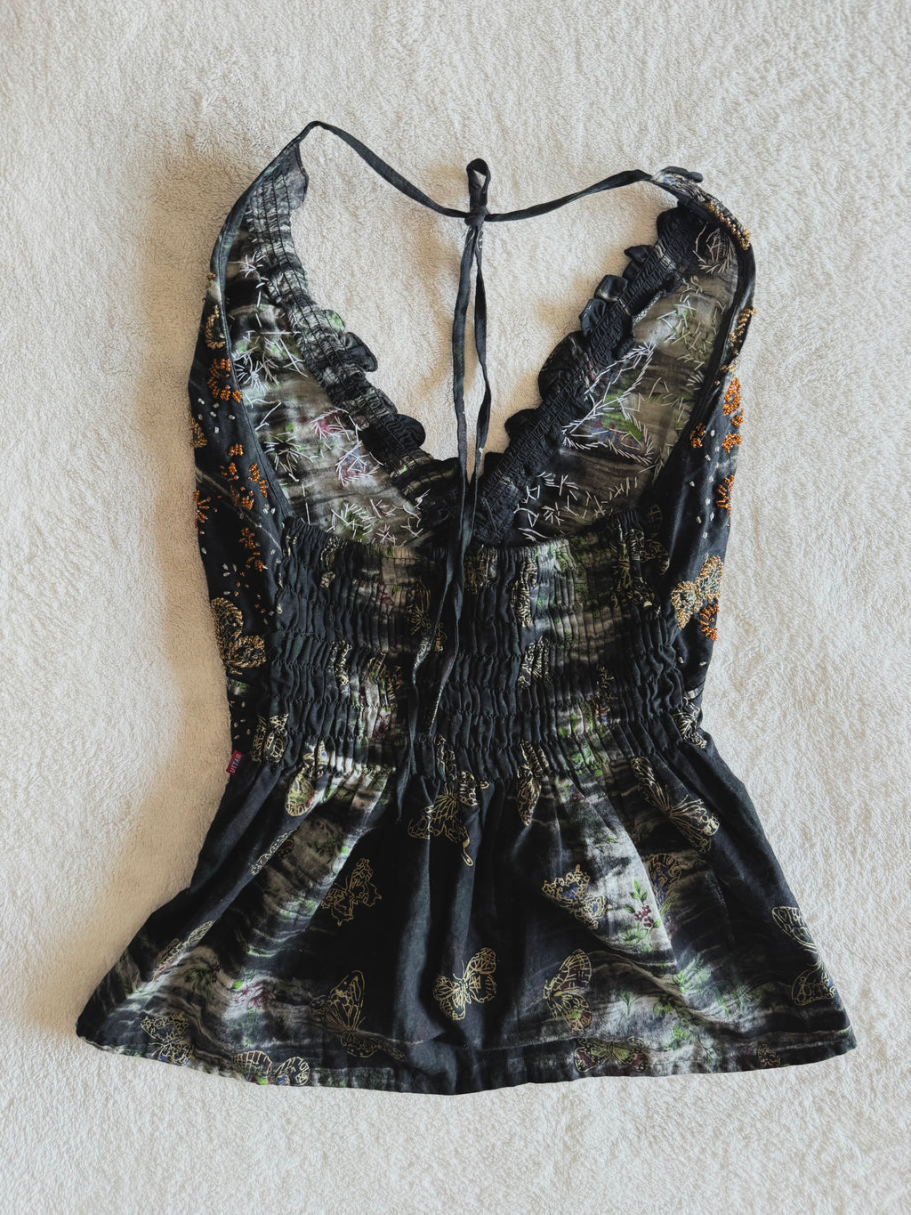 y2k vintage intentionally faded cotton handmade halterneck butterfly beaded cami top