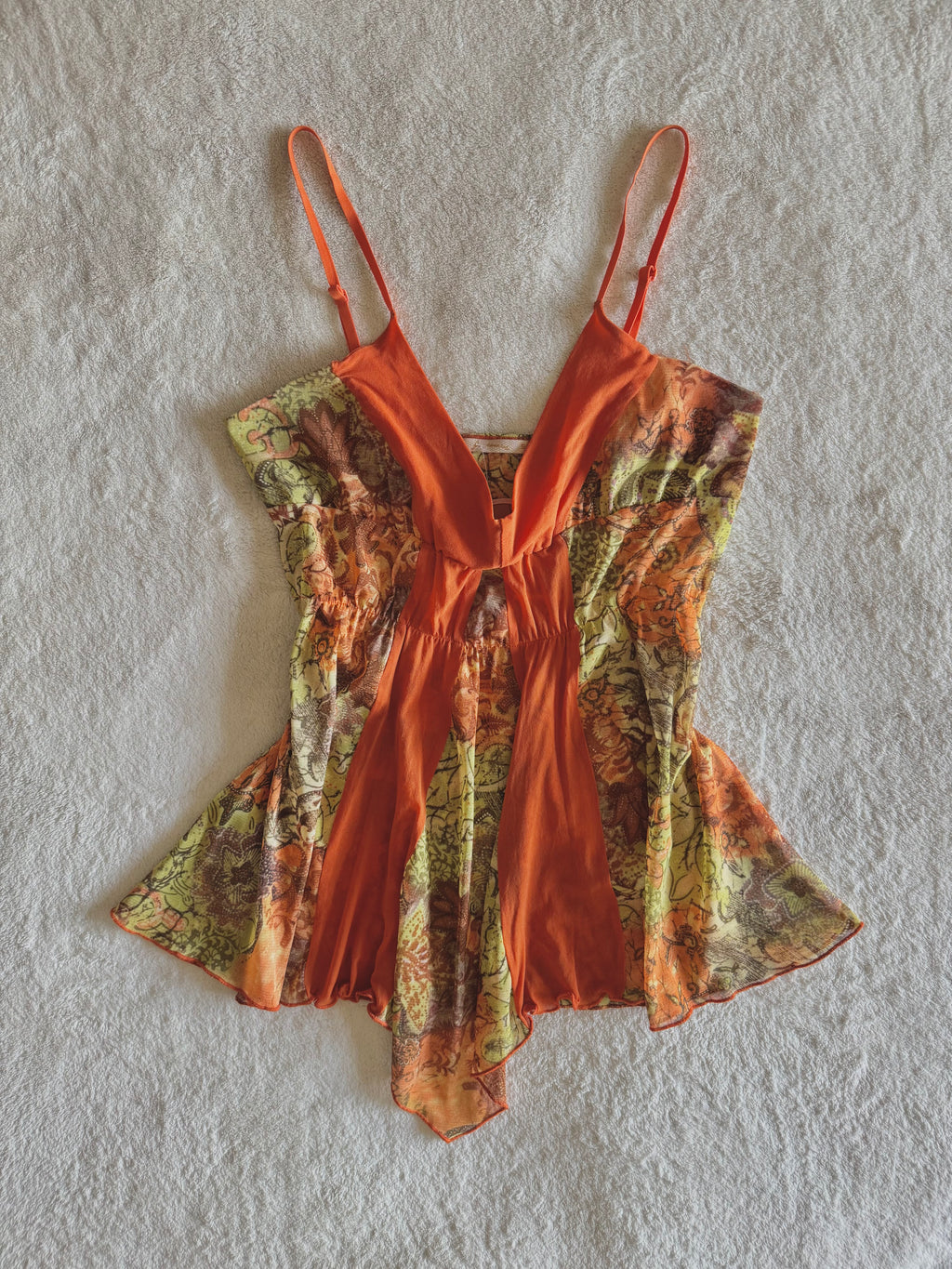 y2k vintage mesh ruffled orange and green floral autumnal cami top