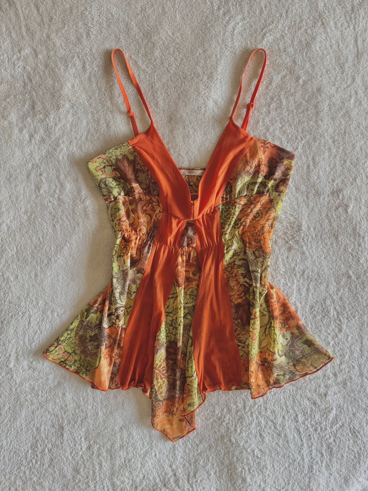 y2k vintage mesh ruffled orange and green floral autumnal cami top