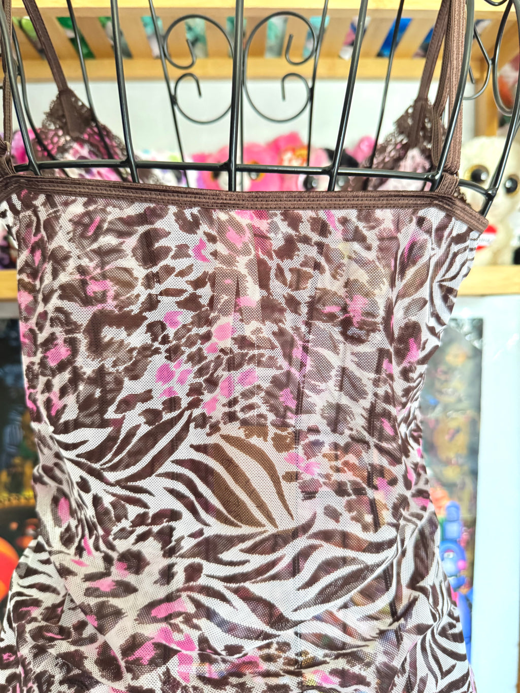 y2k vintage leopard and zebra print brown and hot pink sheer mesh cami top mcbling