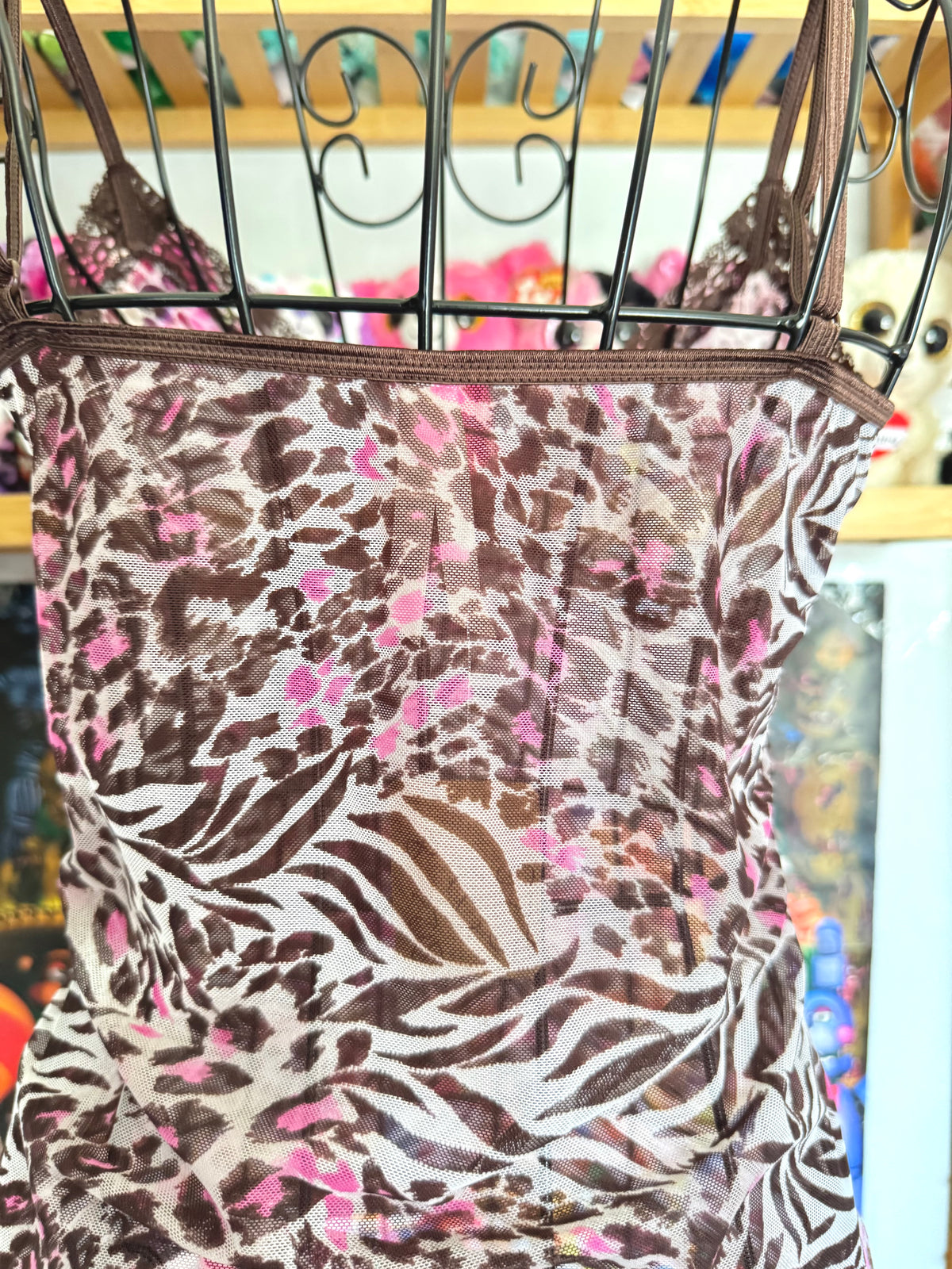 y2k vintage leopard and zebra print brown and hot pink sheer mesh cami top mcbling