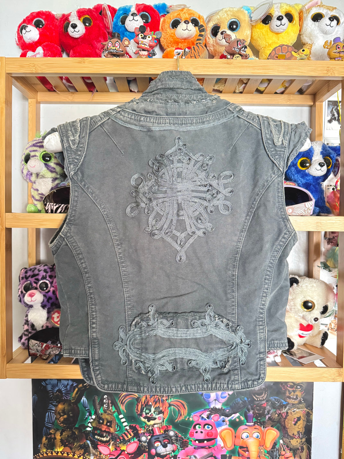 y2k vintage blueish grey denim distressed military inspired hook up waistcoat steampunk