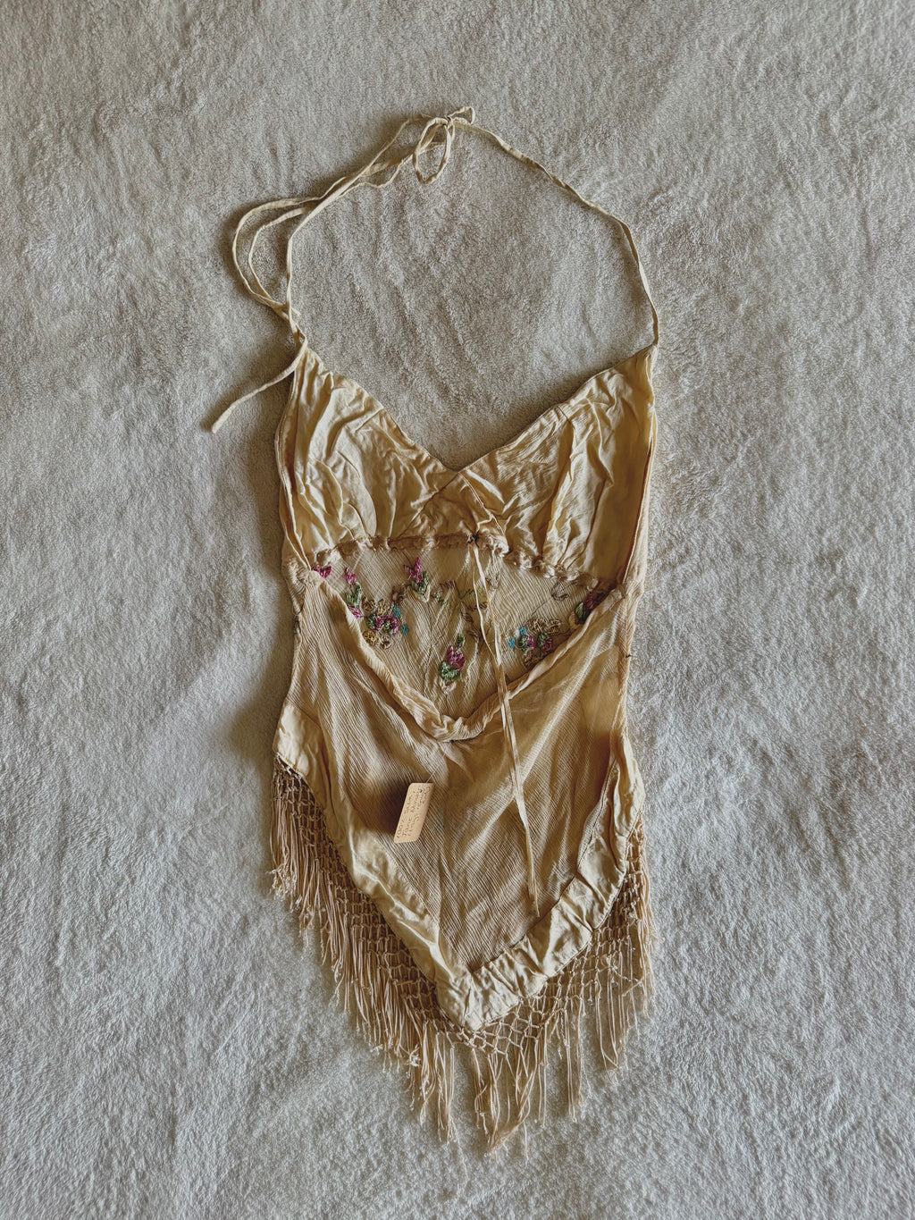 y2k vintage silk floral embroidery fitted halterneck top with lattice tassels festival western
