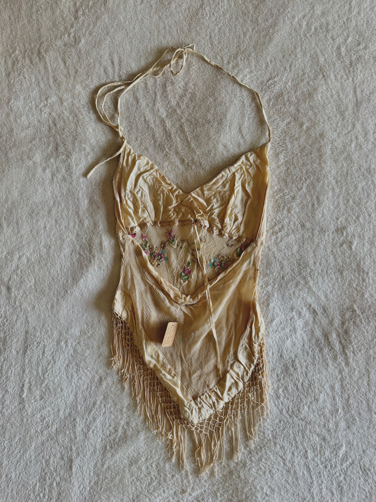 y2k vintage silk floral embroidery fitted halterneck top with lattice tassels festival western
