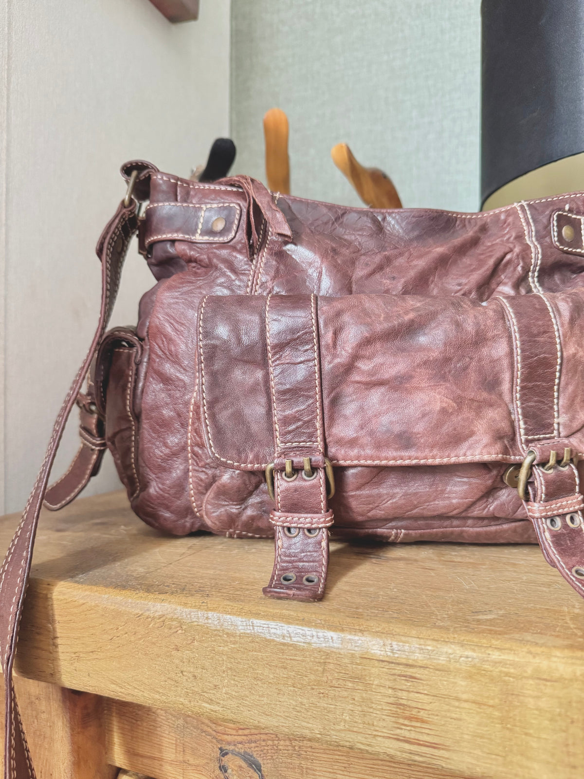 y2k vintage brown real leather golden hardware detail buckle shoulder bag