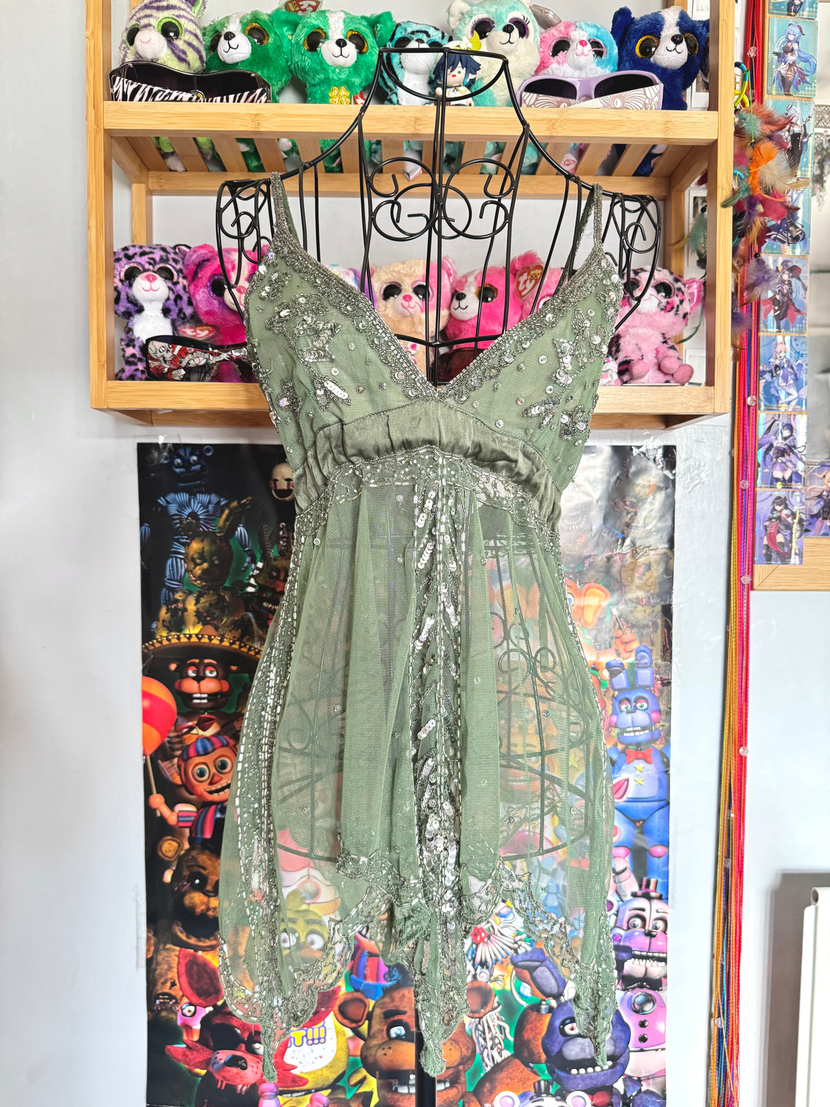 y2k vintage olive green sequin embellished tie back floaty fairycore cami top forest