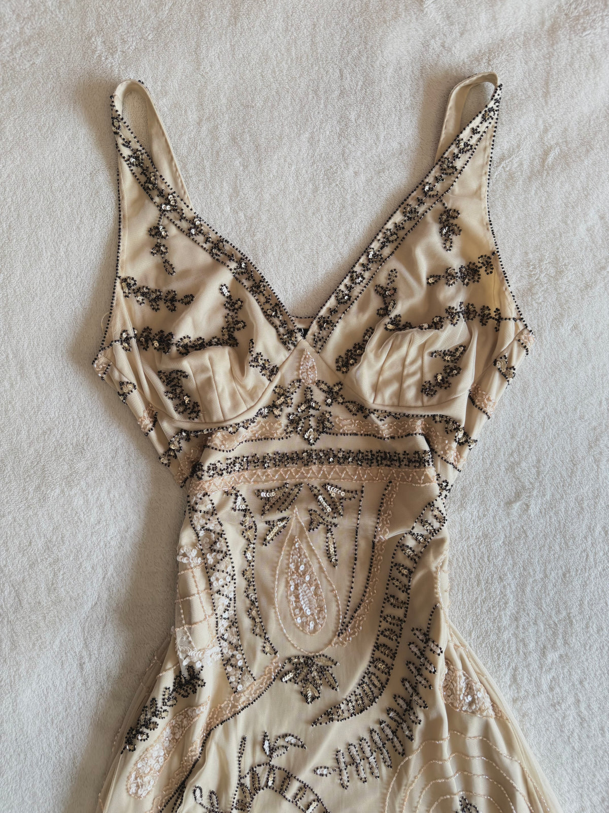 y2k vintage incredible heavily beaded beige midaxi dress 20’s gatsby style