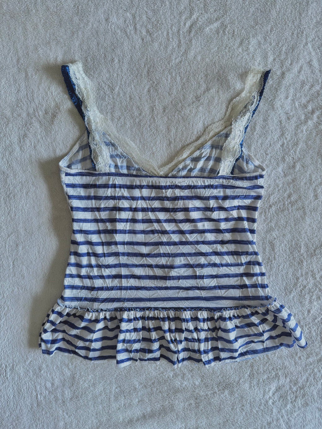 y2k vintage sailor vibes striped blue and white ruffle bottom cami top with lace trimmings