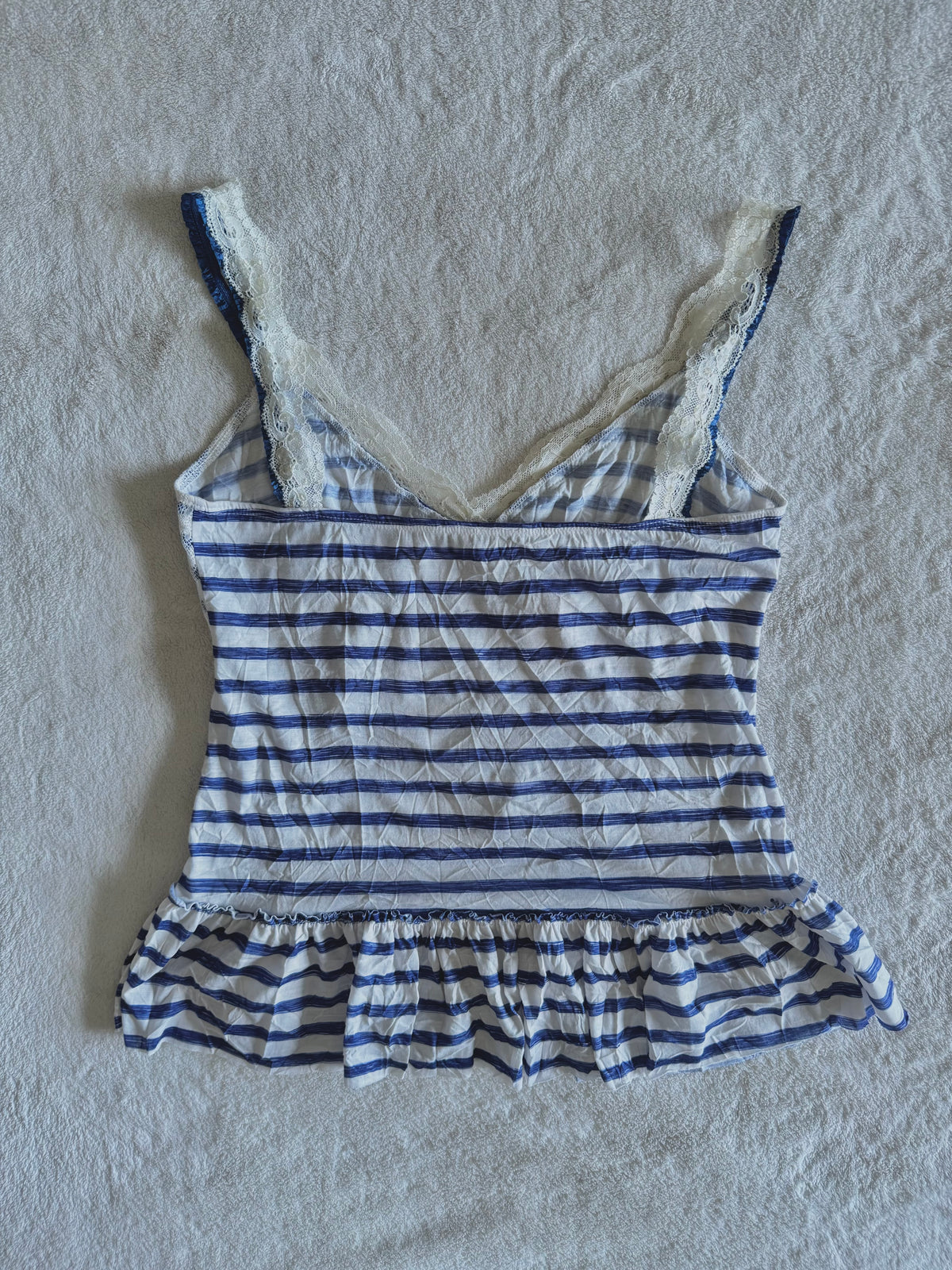 y2k vintage sailor vibes striped blue and white ruffle bottom cami top with lace trimmings