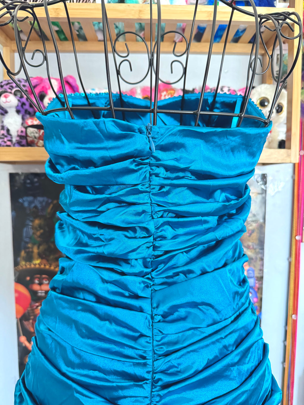 y2k vintage bnwt deadstock satin blue ruched strapless mini dress