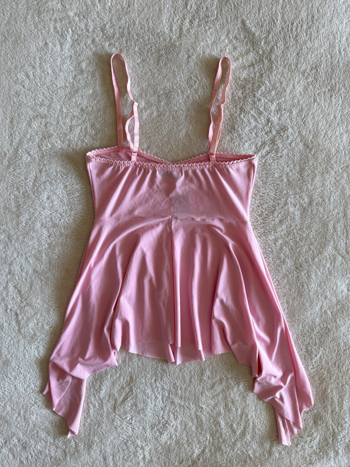 y2k vintage baby pink asymmetrical fairy hem ruched beaded cami top