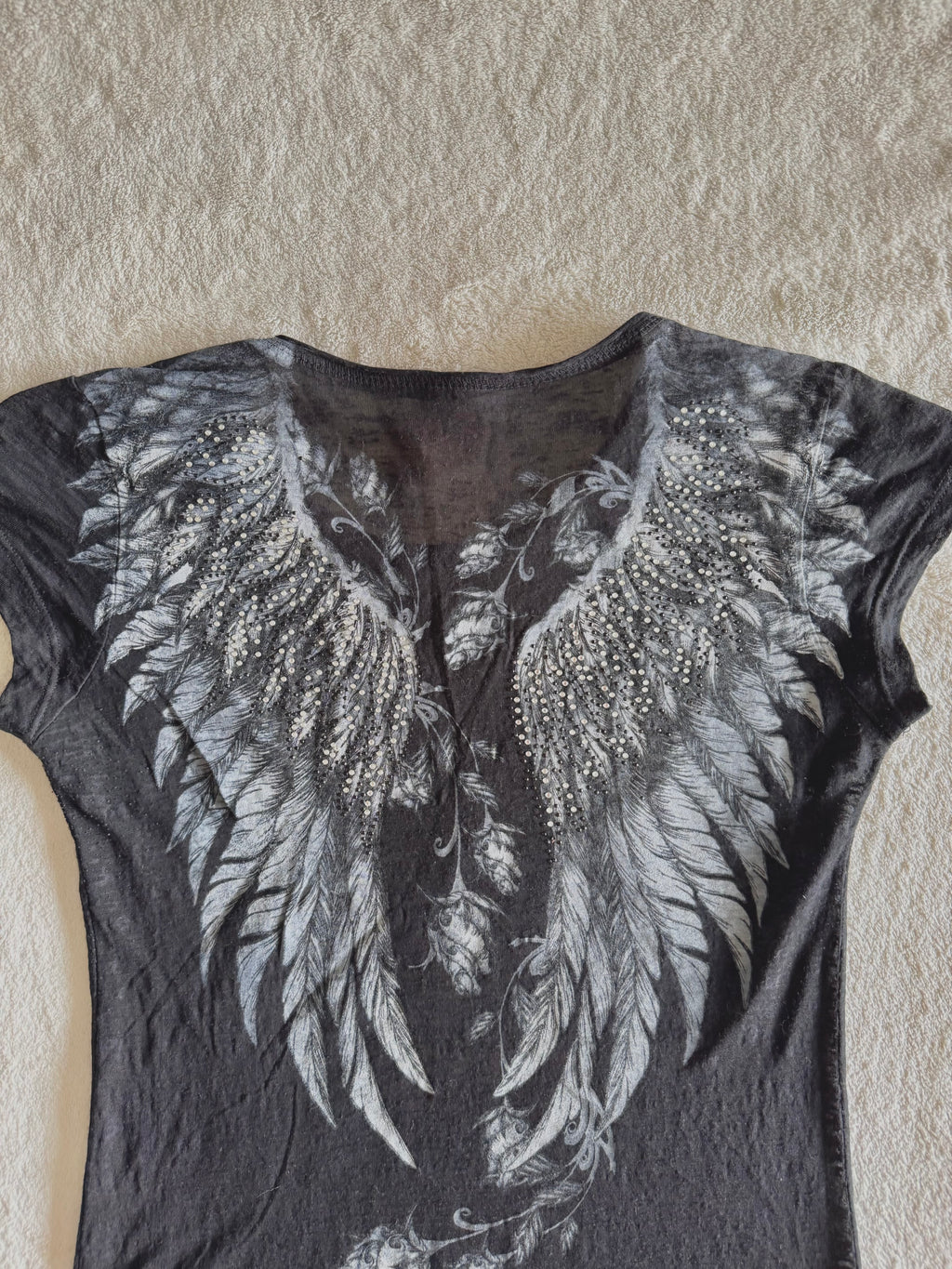 y2k vintage insane graphic angel wings print fitted sheer tee