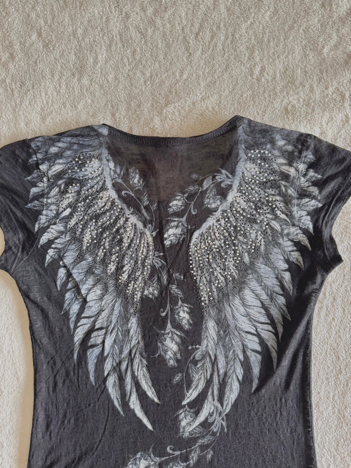 y2k vintage insane graphic angel wings print fitted sheer tee