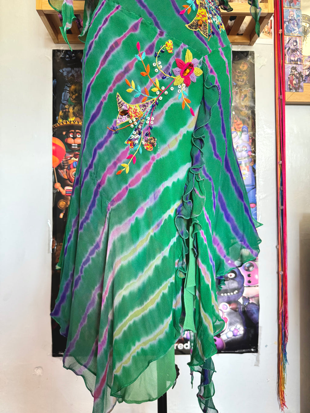 y2k vintage silk green flowy midaxi length dress with multicoloured embroidered details