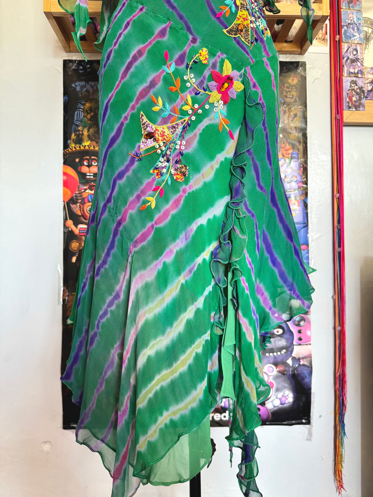 y2k vintage silk green flowy midaxi length dress with multicoloured embroidered details