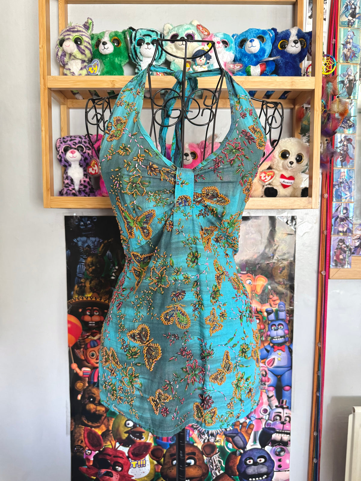 y2k vintage aqua and teal blue fitted beaded butterfly halterneck cami top