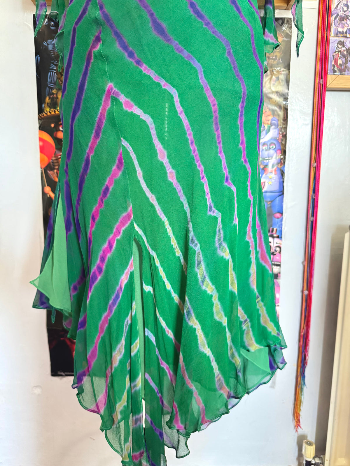 y2k vintage silk green flowy midaxi length dress with multicoloured embroidered details