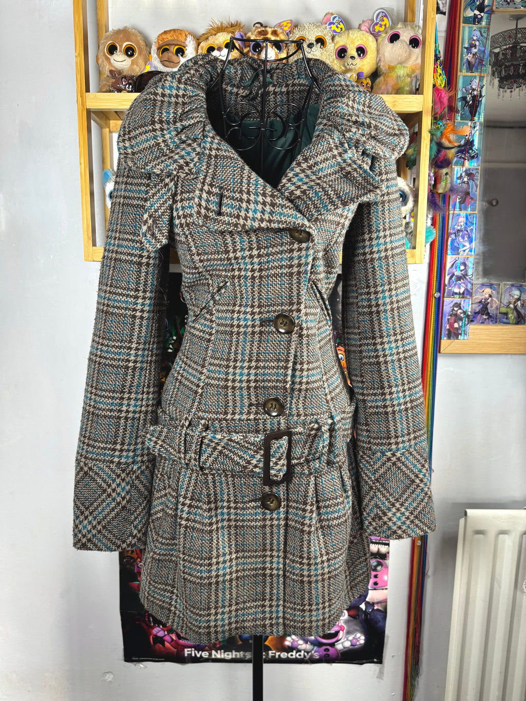 y2k vintage funnel neck plaid button up peacoat with detachable adjustable belt