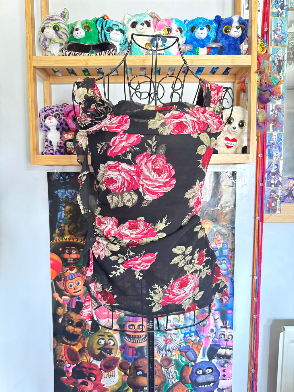 y2k vintage silk floral print ruched fitted cami top with rosette detail